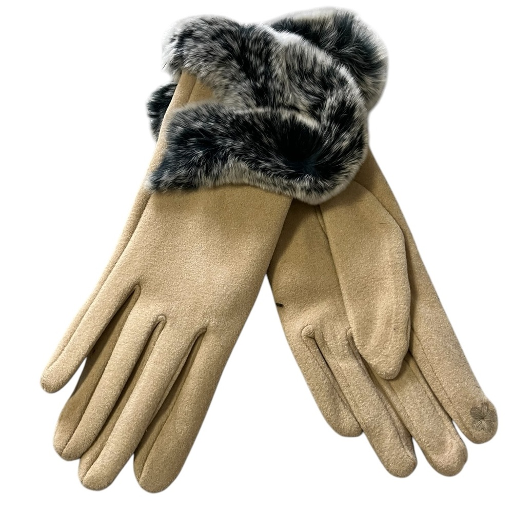 BEIGE FUR TRIMMED GLOVES NWT PHONE USE CAPABLE FINGER TIP